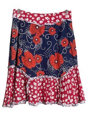 Vtg Y2K Mixed Ruffles Florals Skirt Tiered Low Rise Red Navy Festival Party Wm 4